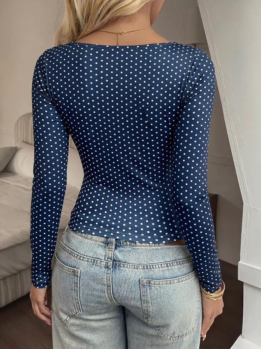 Polka Dot Square Neck Long Sleeve T-Shirt, image 5