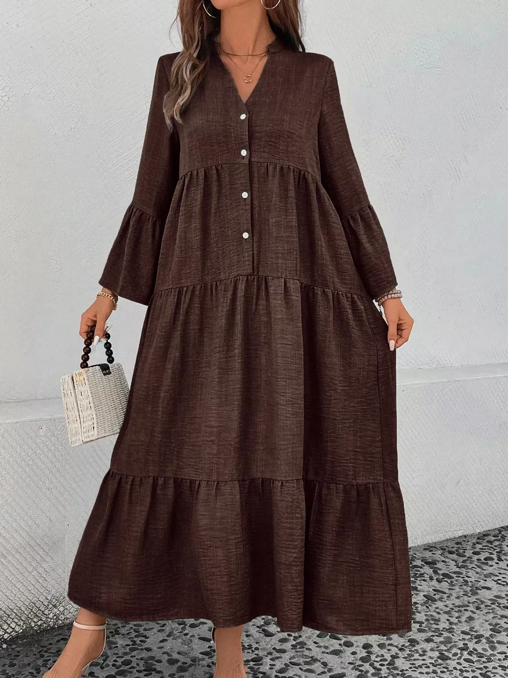 Ruffle Hem Button Front Tiered Dress, image 16
