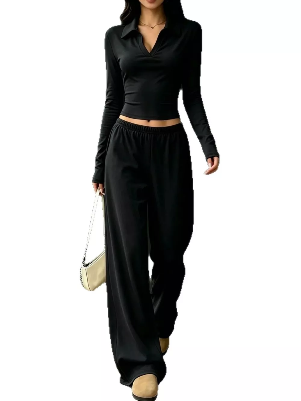 Solid Color Long Sleeve Polo Collar Top and Wide Leg Pants Set, image 7
