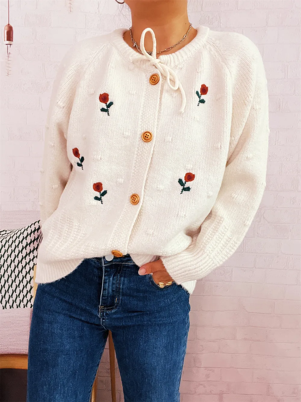 Rose Embroidered Button-Up Cardigan, image 4