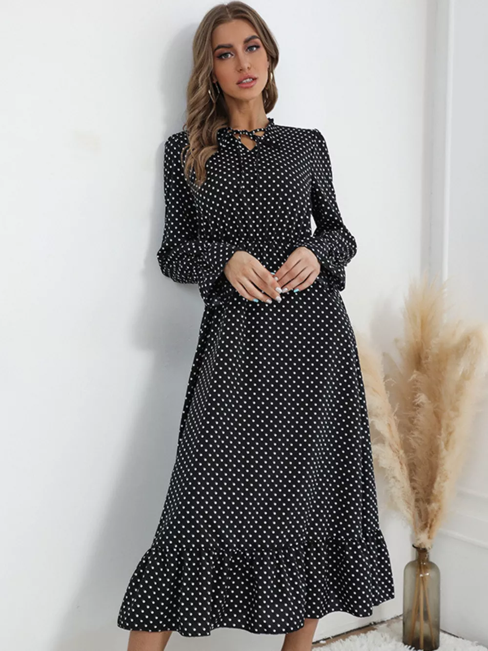 Polka Dot Ruffle Hem Midi Dress