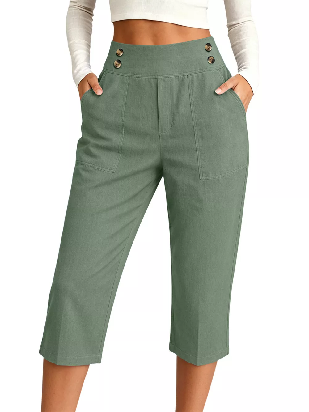 Full Size High-Waisted Button-Detail Cropped Pants Plus Size, image 19