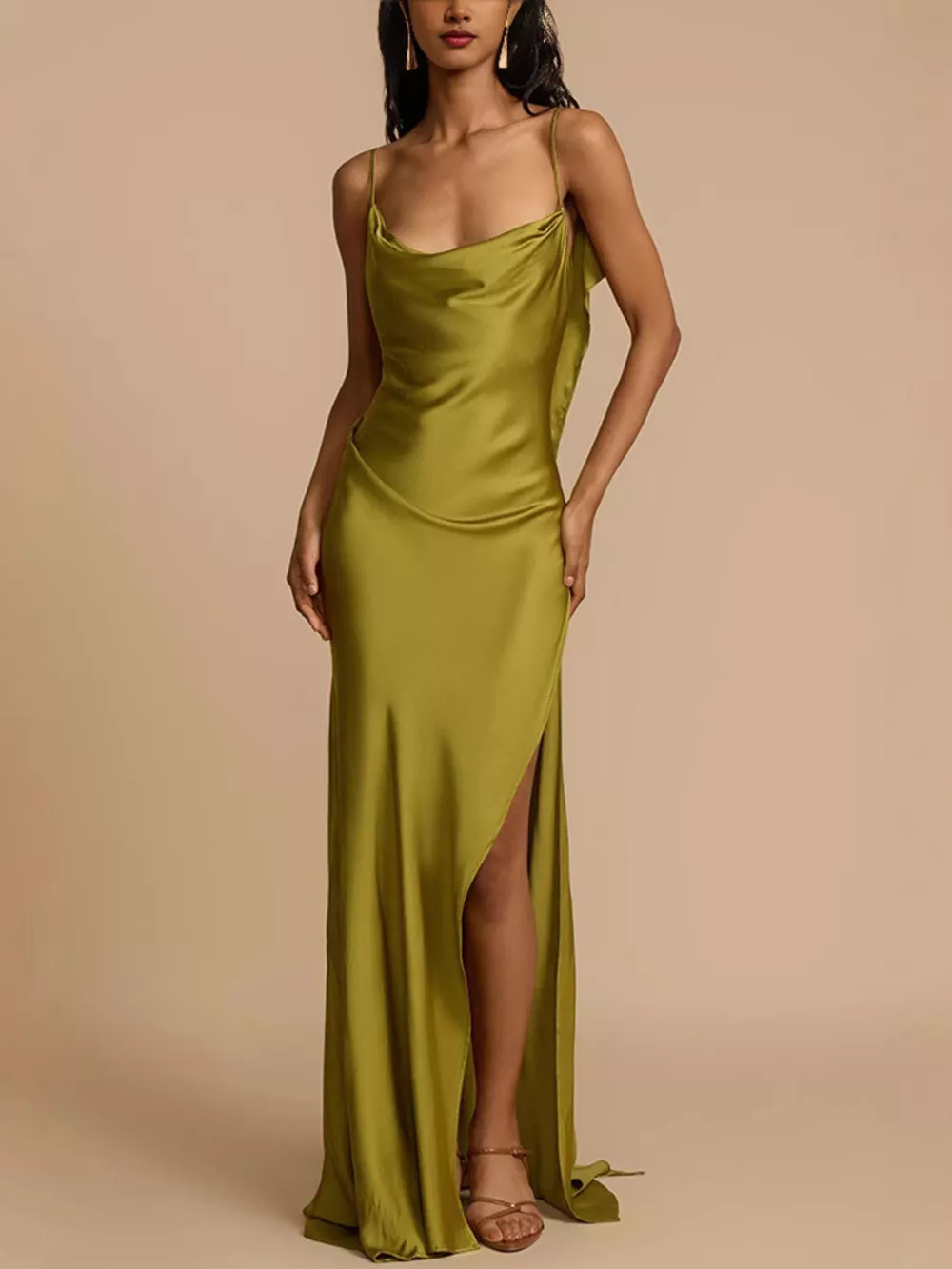 Satin Cowl Neck Slit Maxi Dress