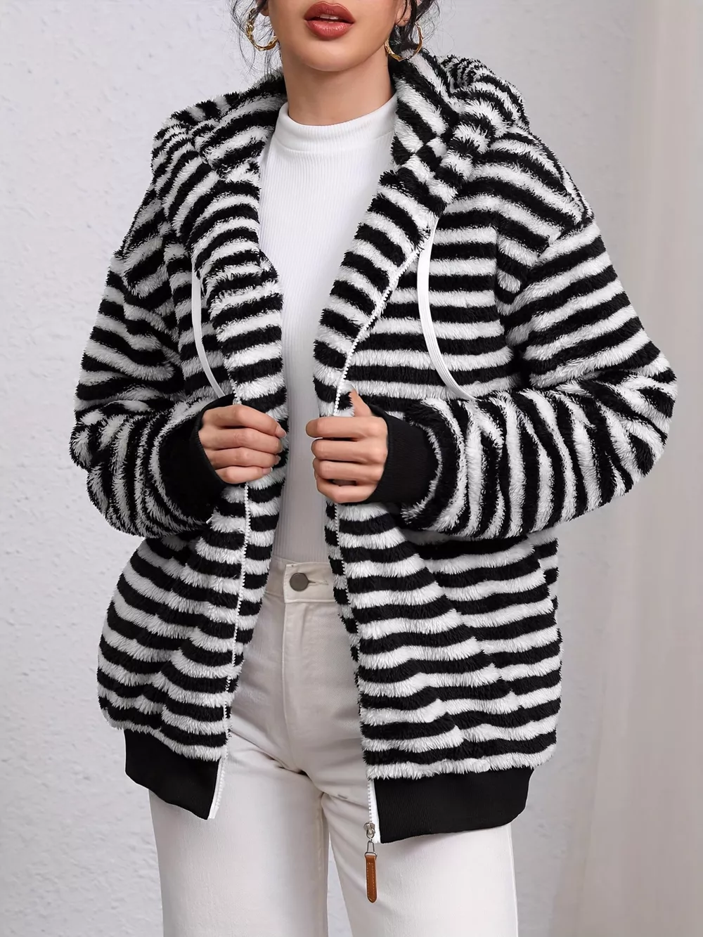 Striped Plush Zip-Up Hooded Outerwear, image 2