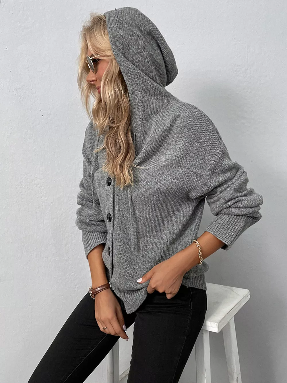 Cozy Knit Hooded Button-Down Cardigan, image 13