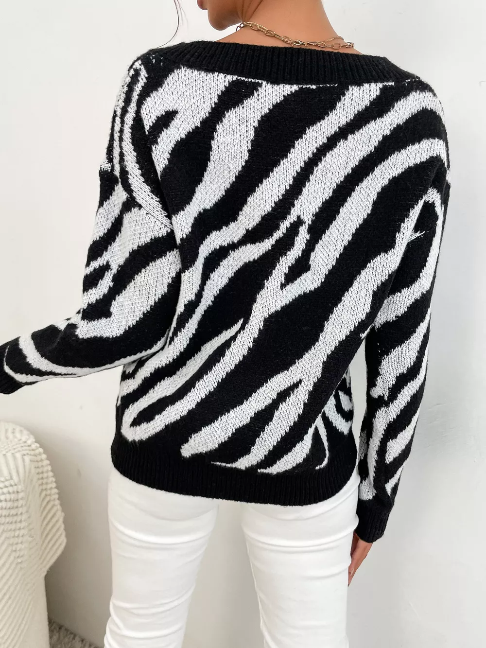 Zebra Print Relaxed Fit Pullover Sweater, image 7