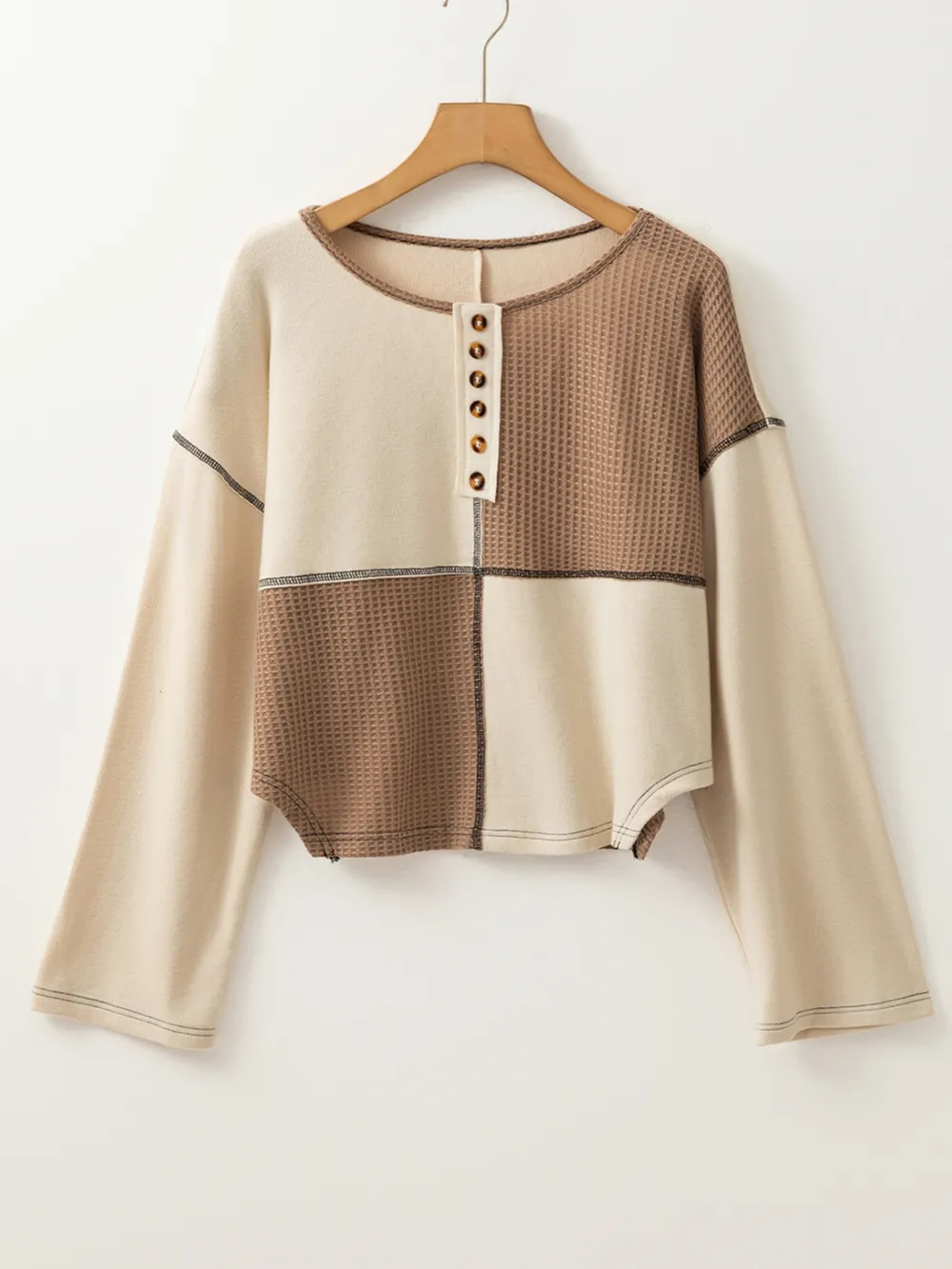 Color Block Waffle Knit Stitch Detail Long Sleeve Top, image 11
