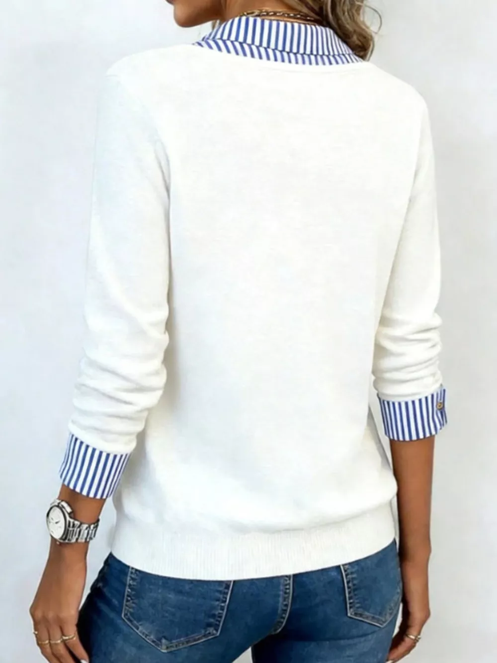 Layered Look Striped Collar Long Sleeve Top, image 3