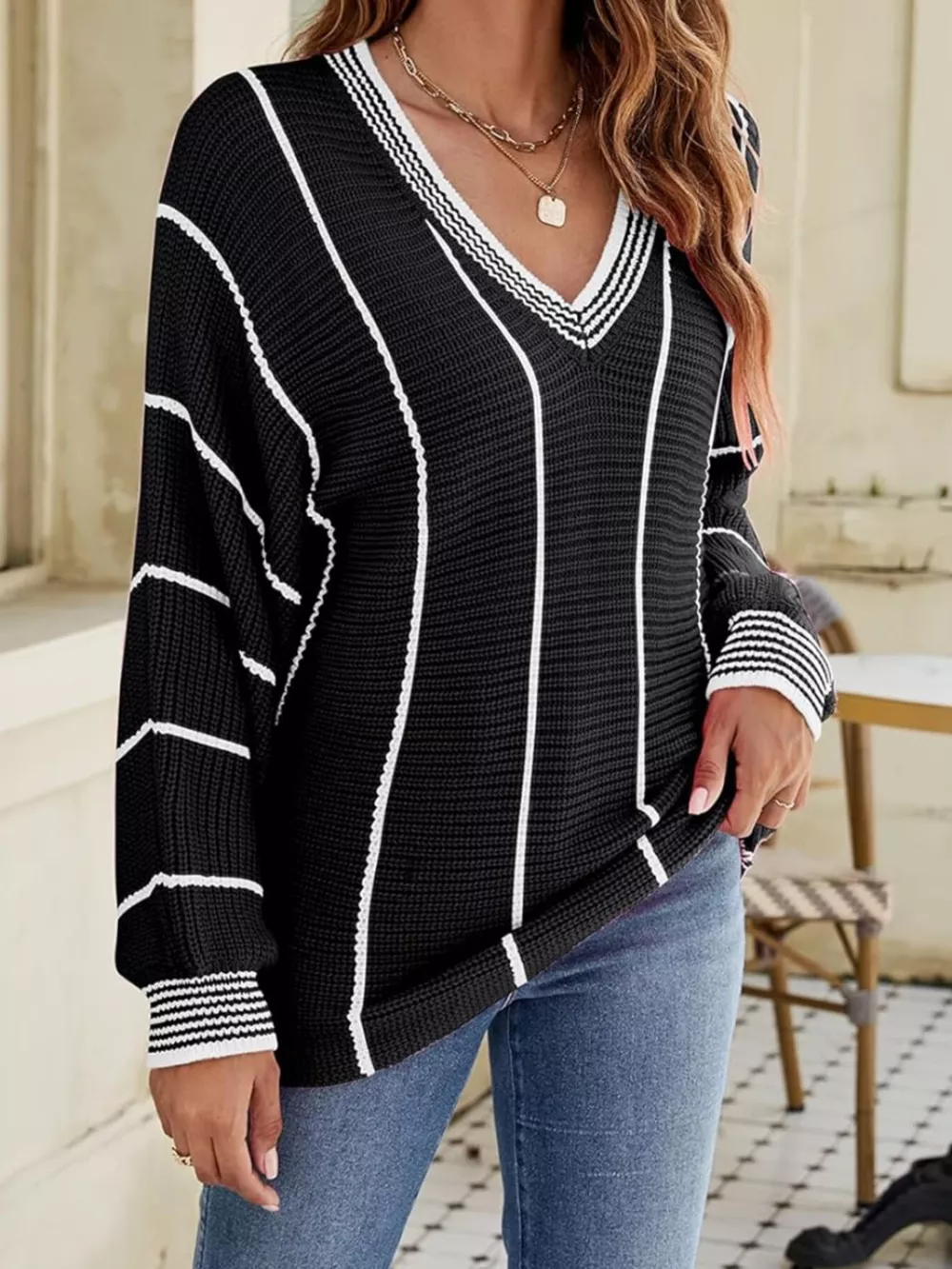 V-Neck Striped Contrast Sweater, image 7