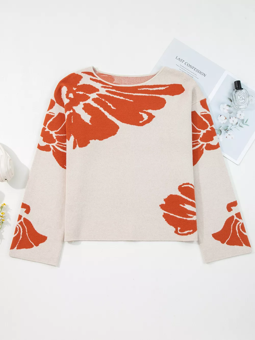Flower Pattern Wide Sleeve Baggy Sweater, image 7