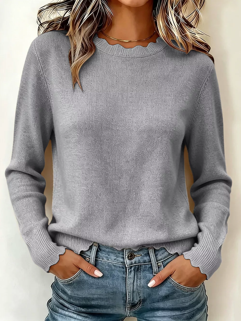 Full Size Scalloped Trim Crew Neck Sweater Plus Size, image 8