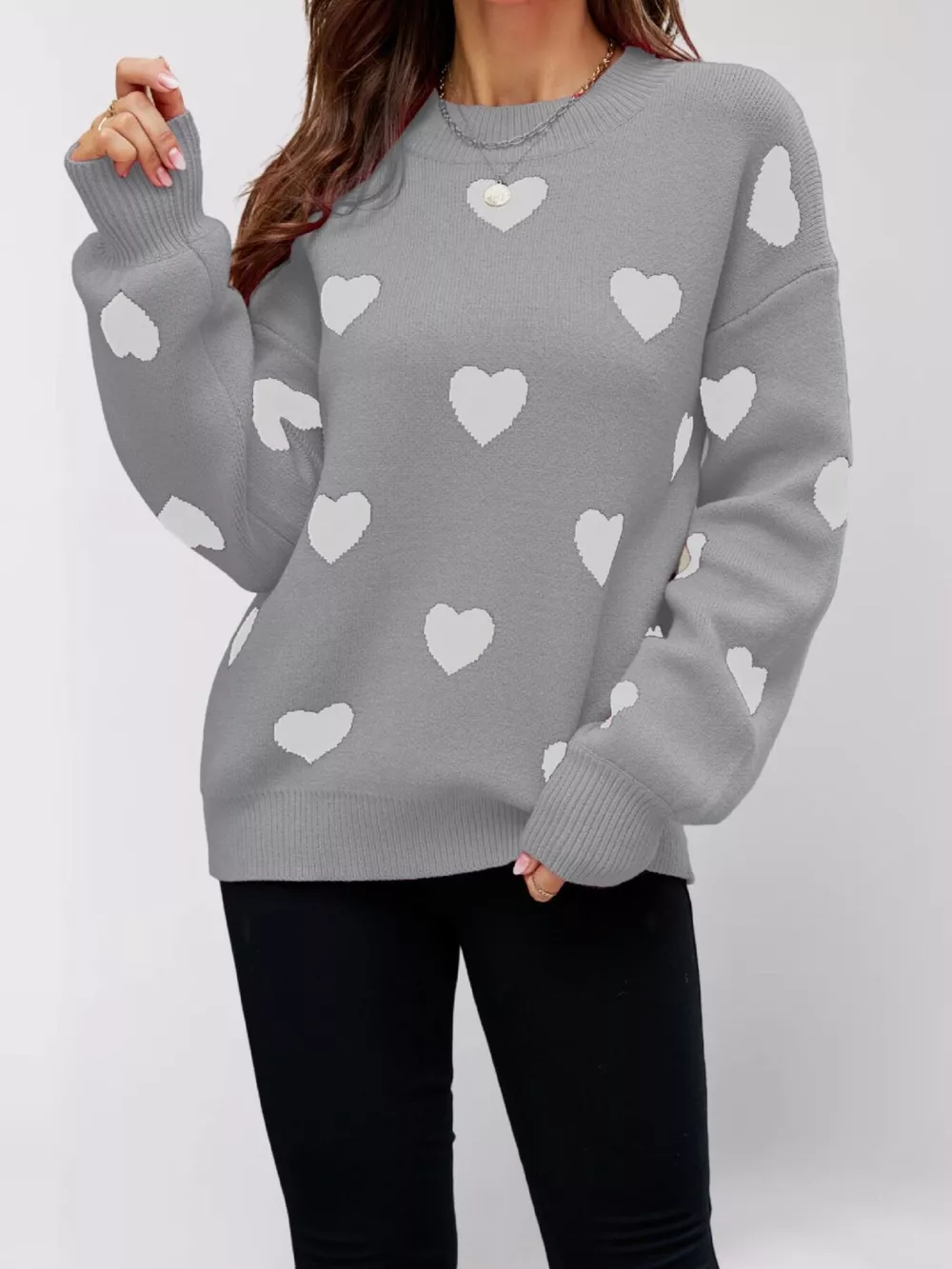 Heart-Patterned Dropped Shoulder Sweater, image 10