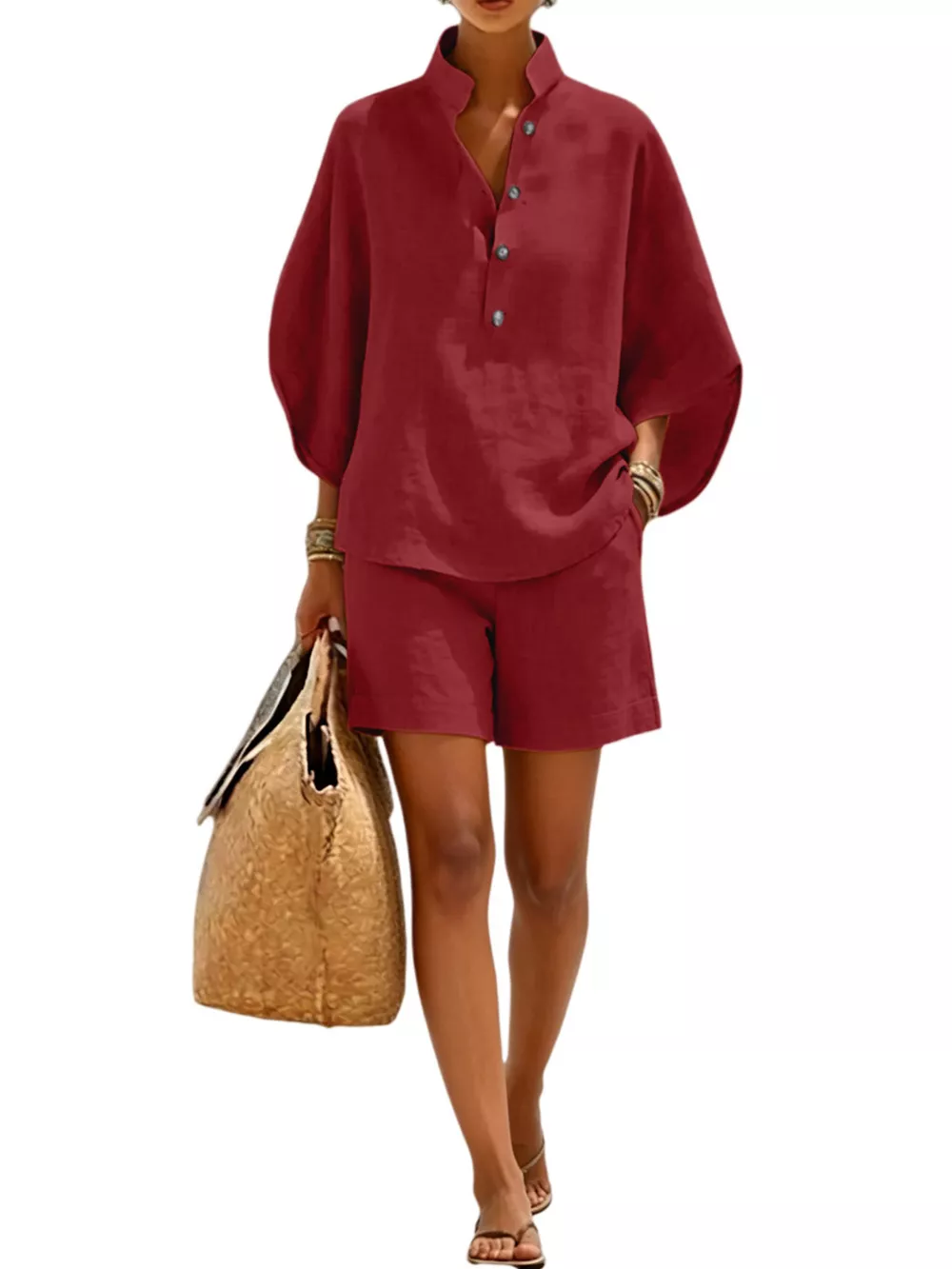 Full Size Button Detail Loose Fit Top and Shorts Set Plus Size, image 19