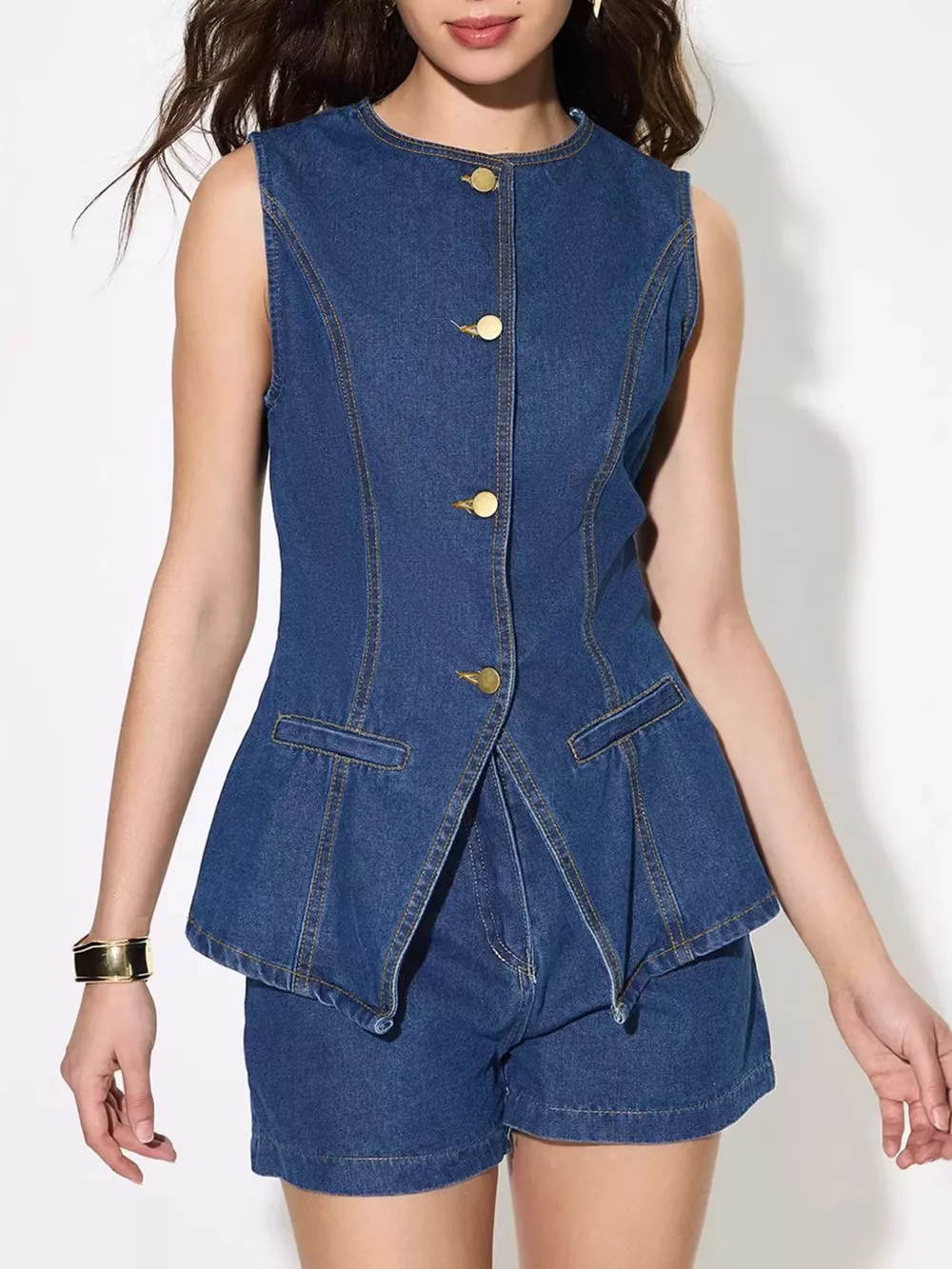 Button Up Sleeveless Denim Top, image 3