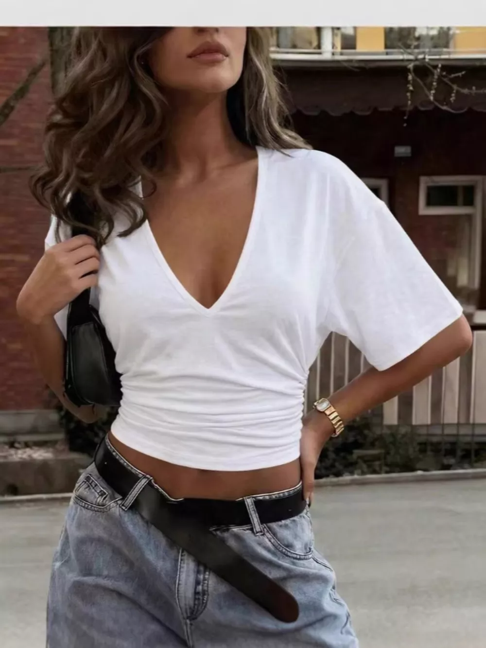Full Size V-Neck Ruched T-Shirt Plus Size, image 2