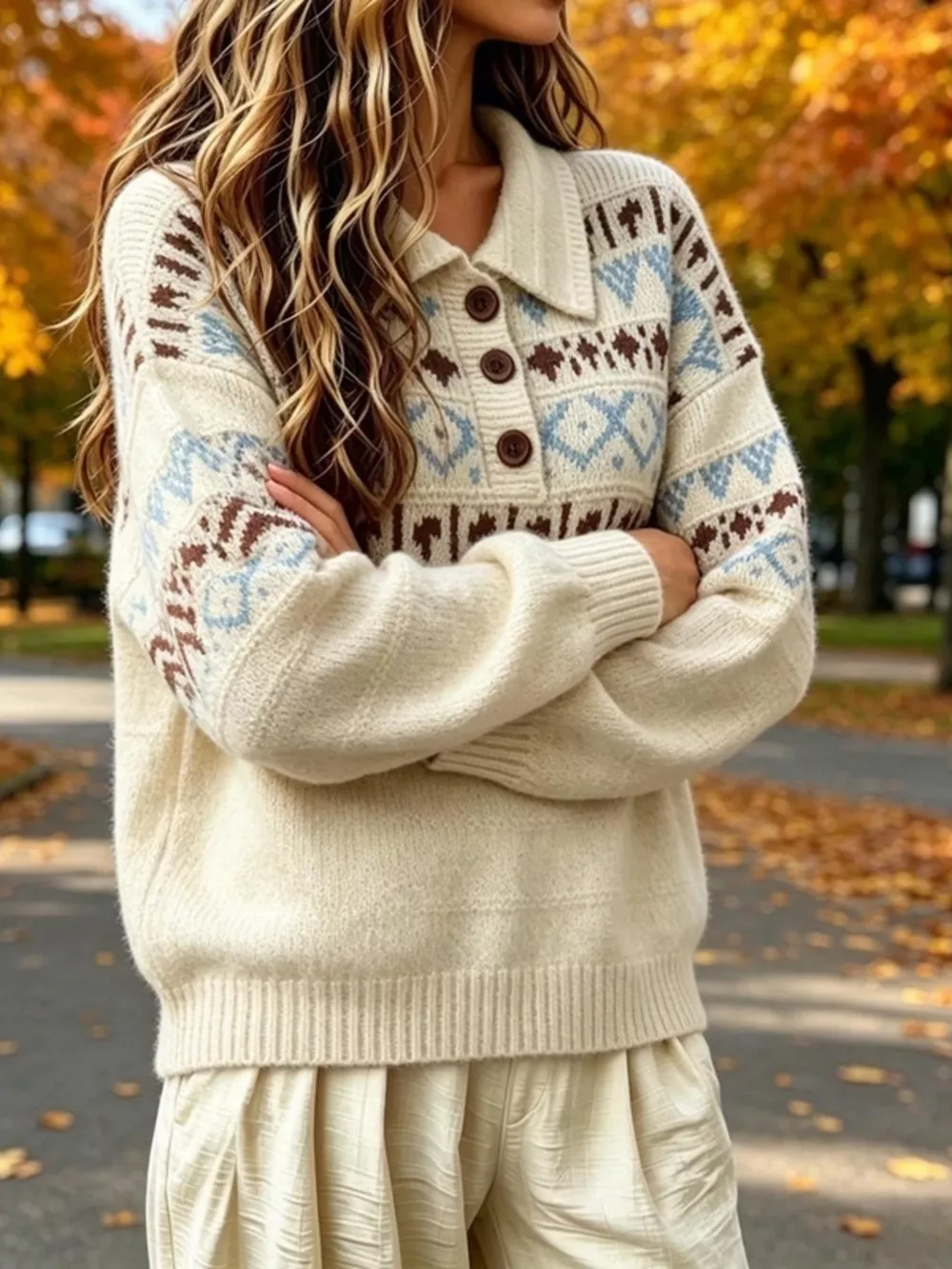 Full Size Vintage Fair Isle Pattern Polo Collar Sweater Plus Size, image 4