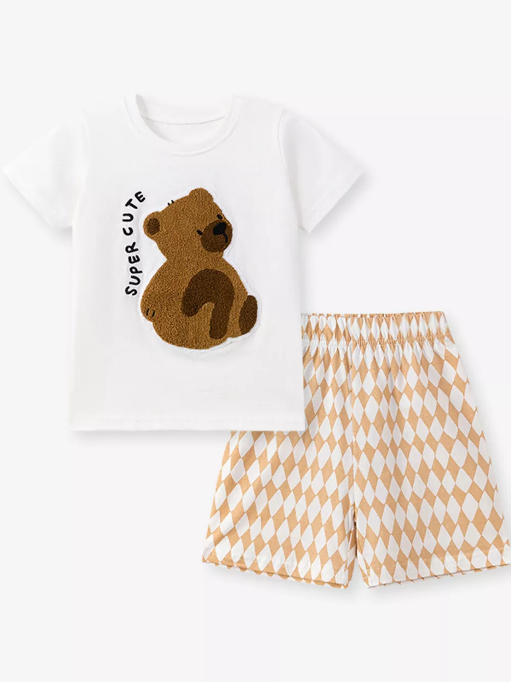 Children's Bear Graphic Tee & Diamond Pattern Shorts Set, image 3