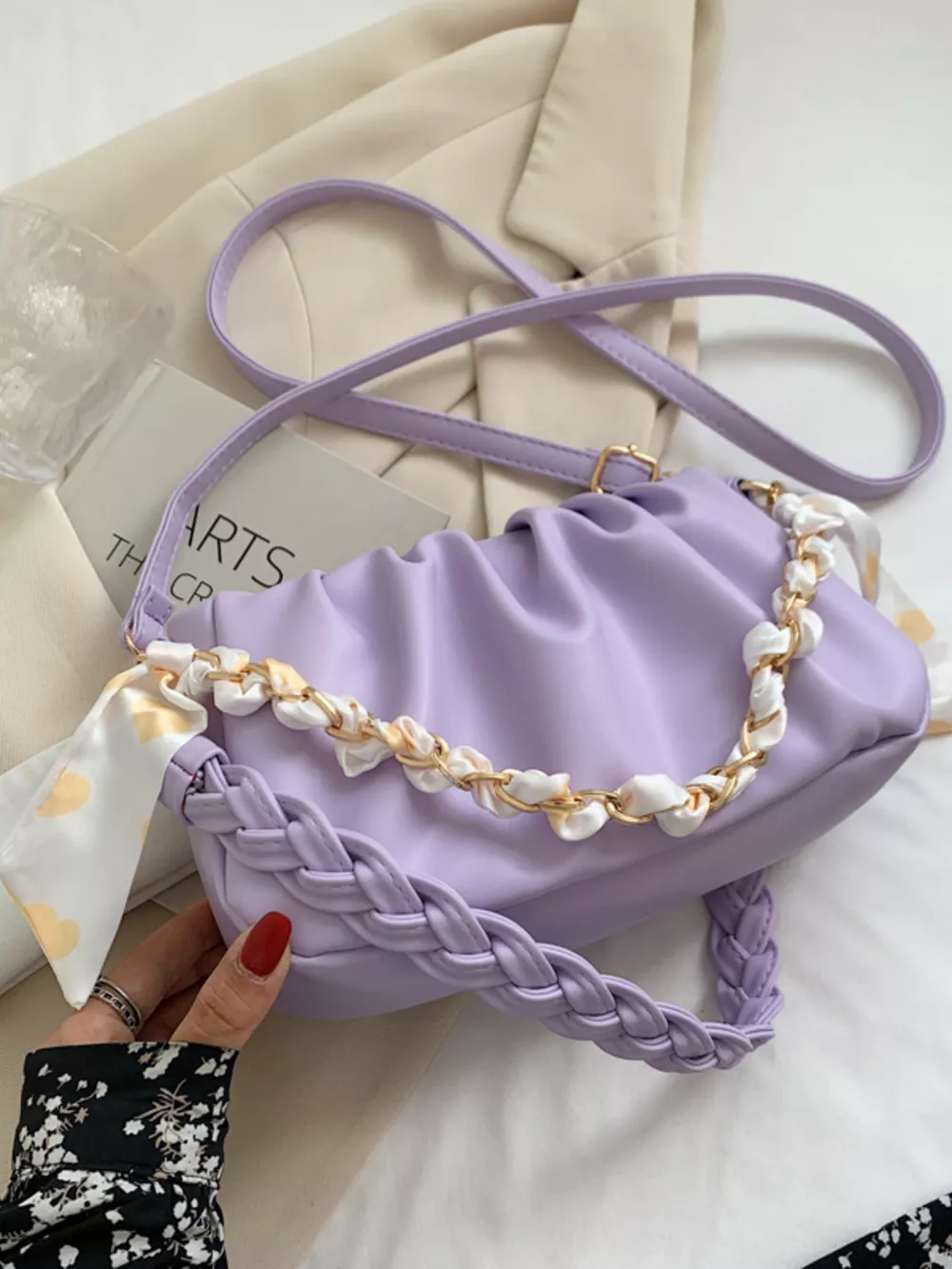 Ruched Braided Handle Shoulder Bag, image 5