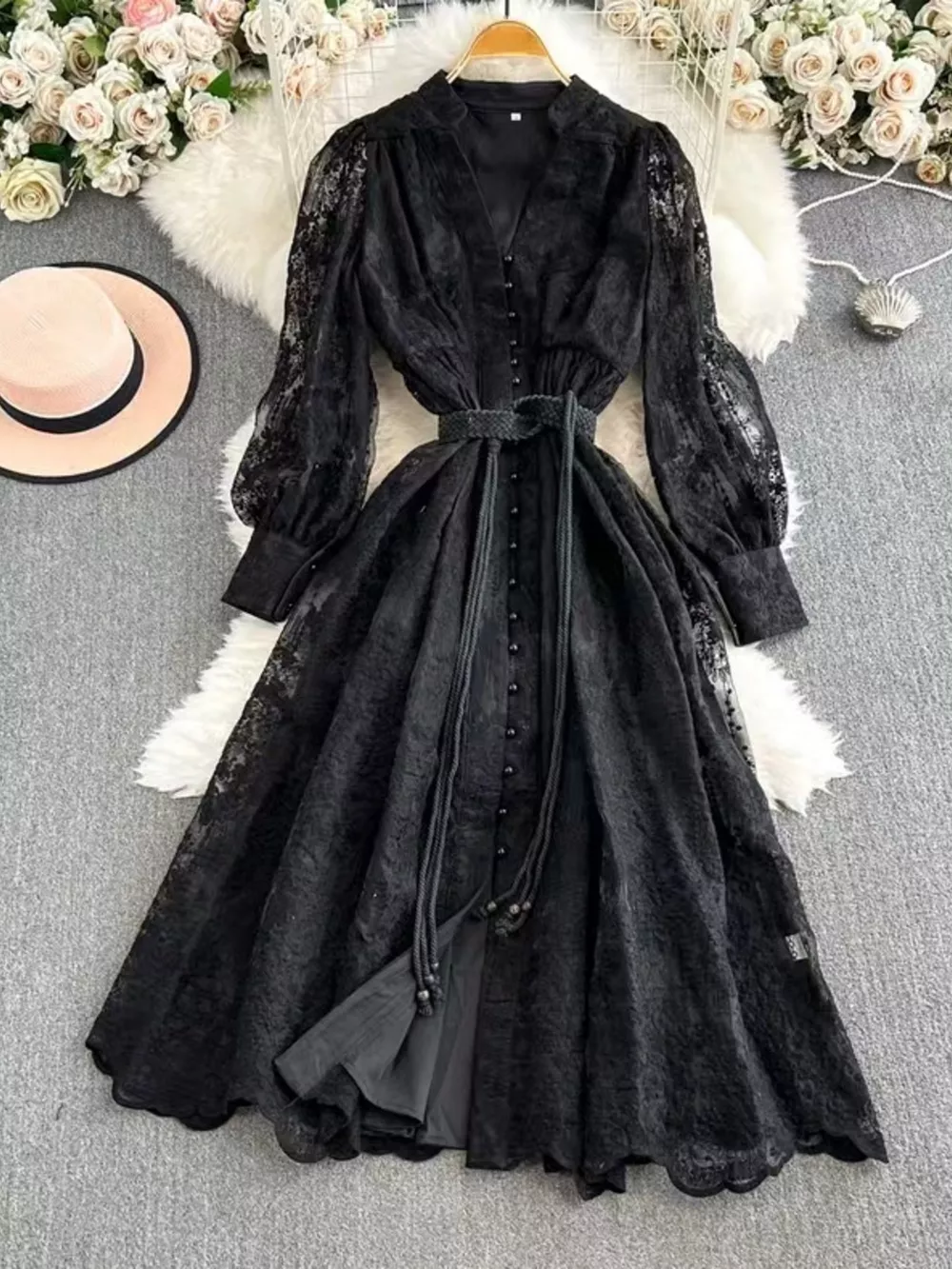 Lace Tie Waist Long Sleeve Dress, image 8