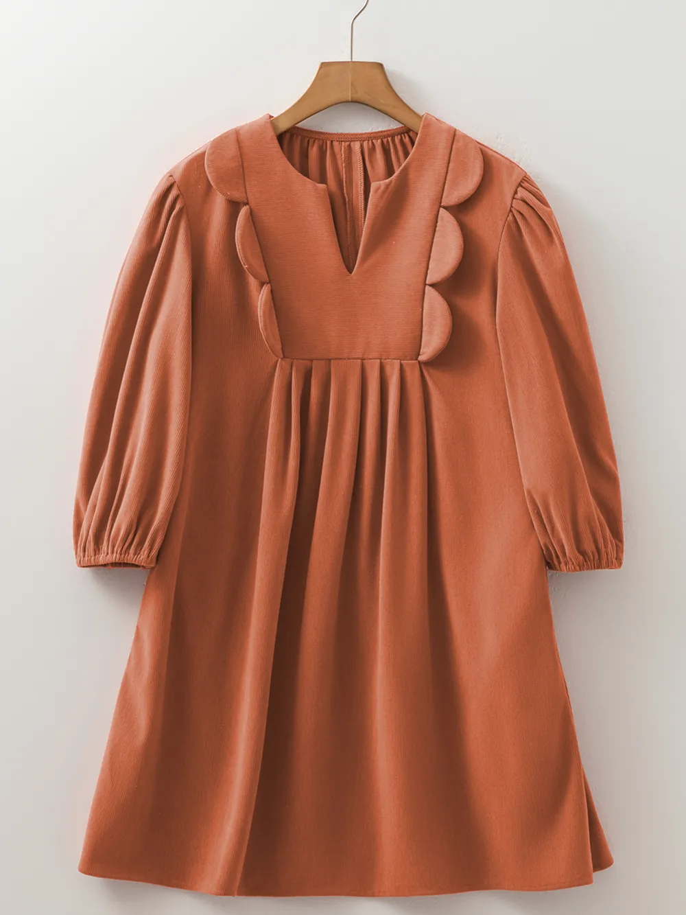 Split Neck Scallop Detail Corduroy Mini Dress, image 9