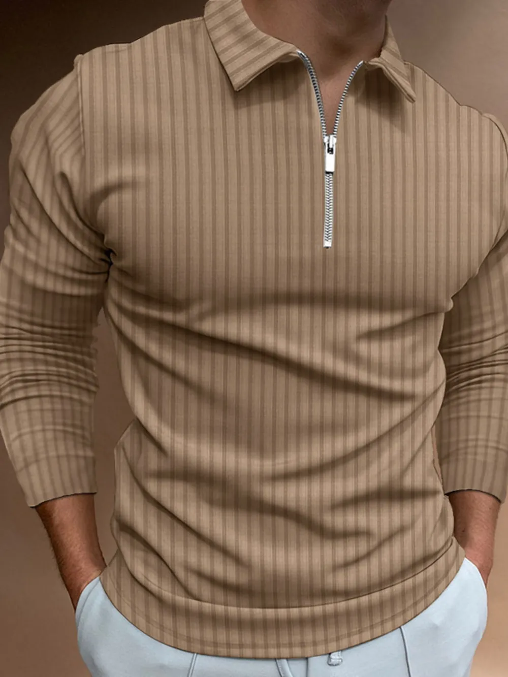 Men's Full Size Zip Detail Long Sleeve Polo Plus Size, image 7