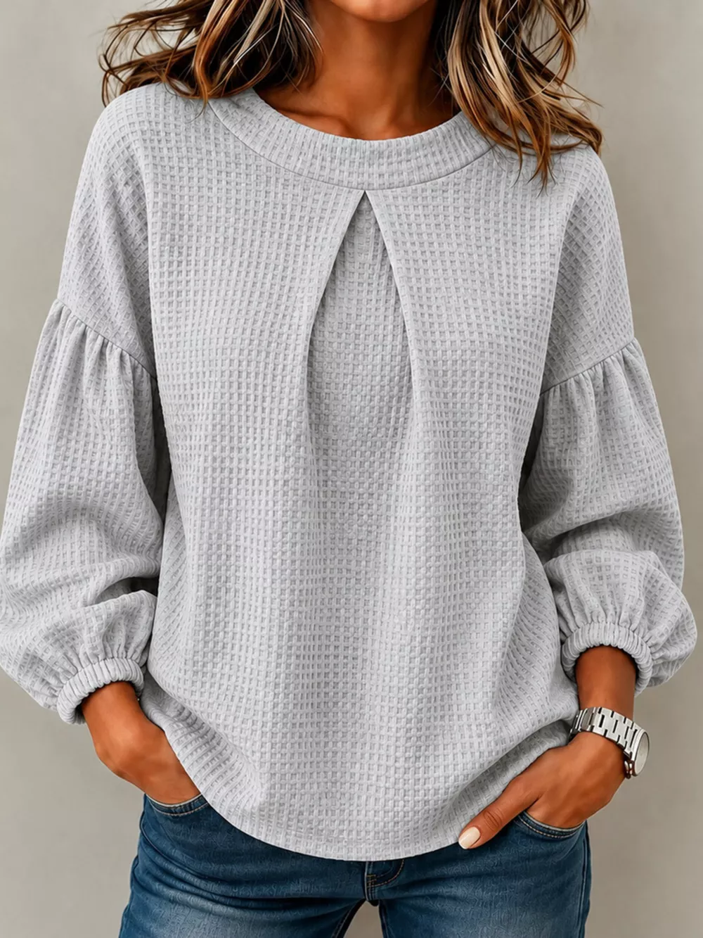 Waffle Knit Round Neck Top, image 5