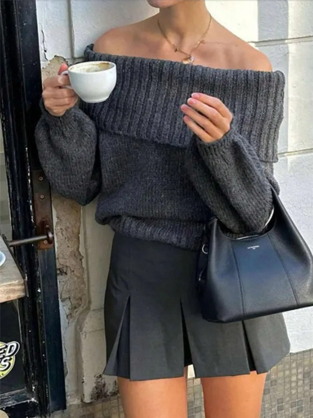 Off-Shoulder Ribbed Long Sleeve Sweater, image 2