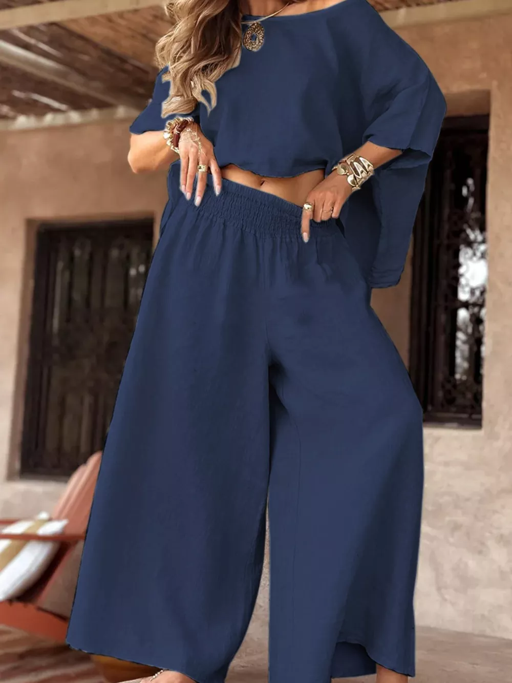 Full Size Boat Neck Top and Wide Leg Pants Set Plus Size, image 17