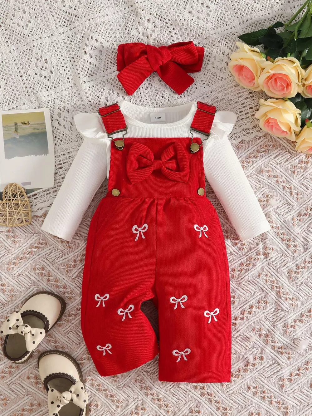 Children's Ribbed Bodysuit and Bow-Embroidered Overall Set with Headband, image 9