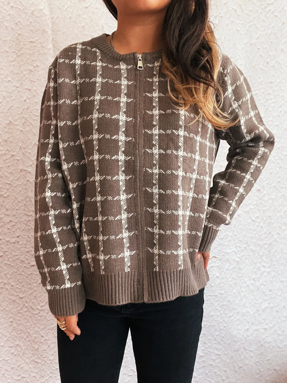 Plaid Pattern Zip Up Cardigan, image 19