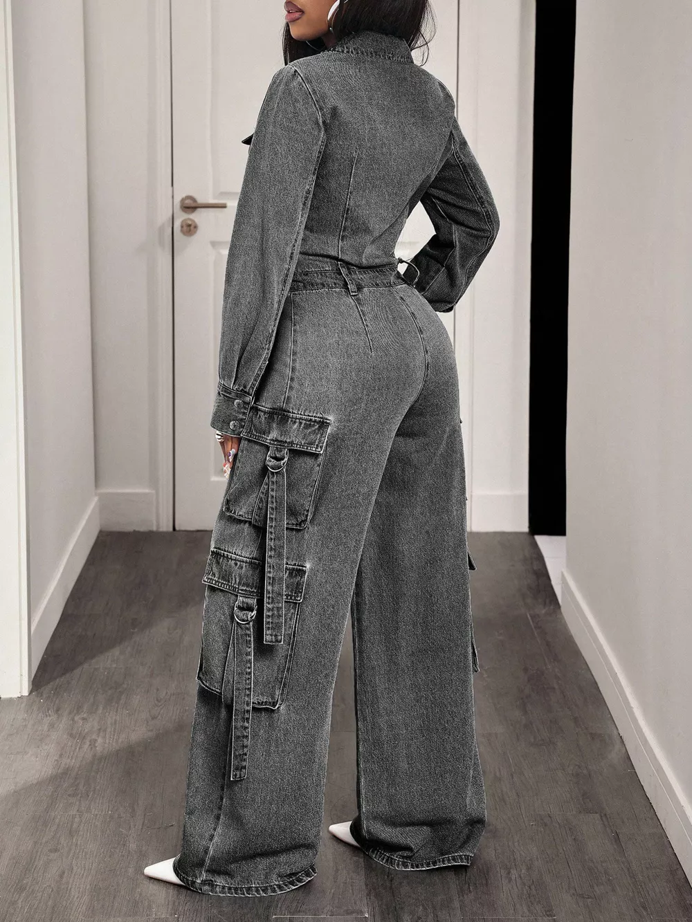 Zip Front Wide Leg Denim Jumpsuit, image 6