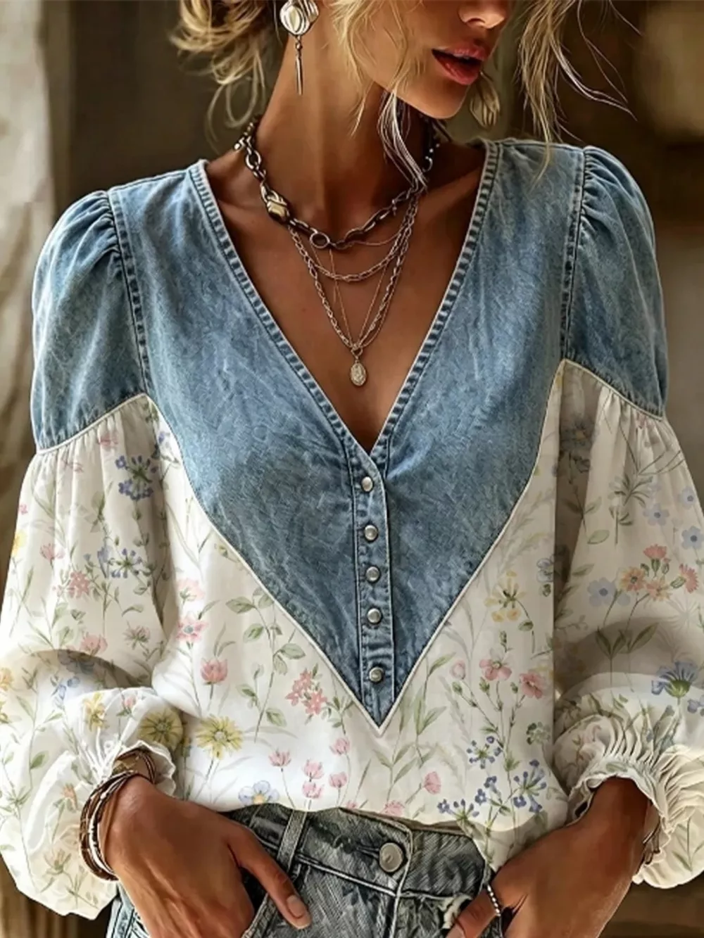 Full Size Denim Patchwork Floral Denim Top Plus Size, image 2