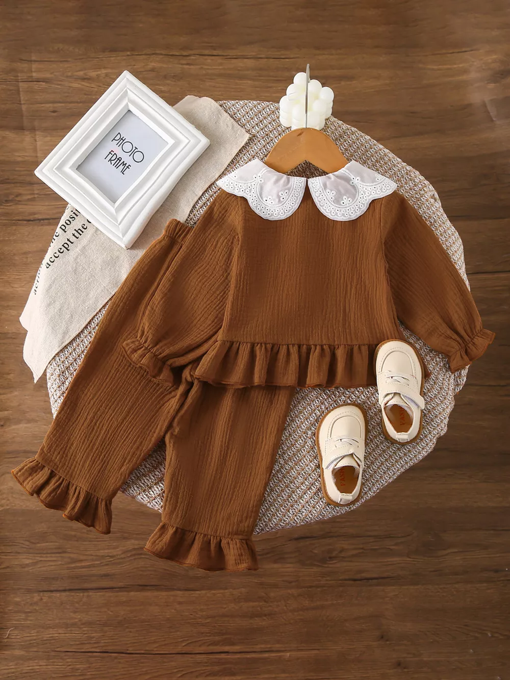 Children's Ruffle Trim Bow Decor Baby Set, image 2