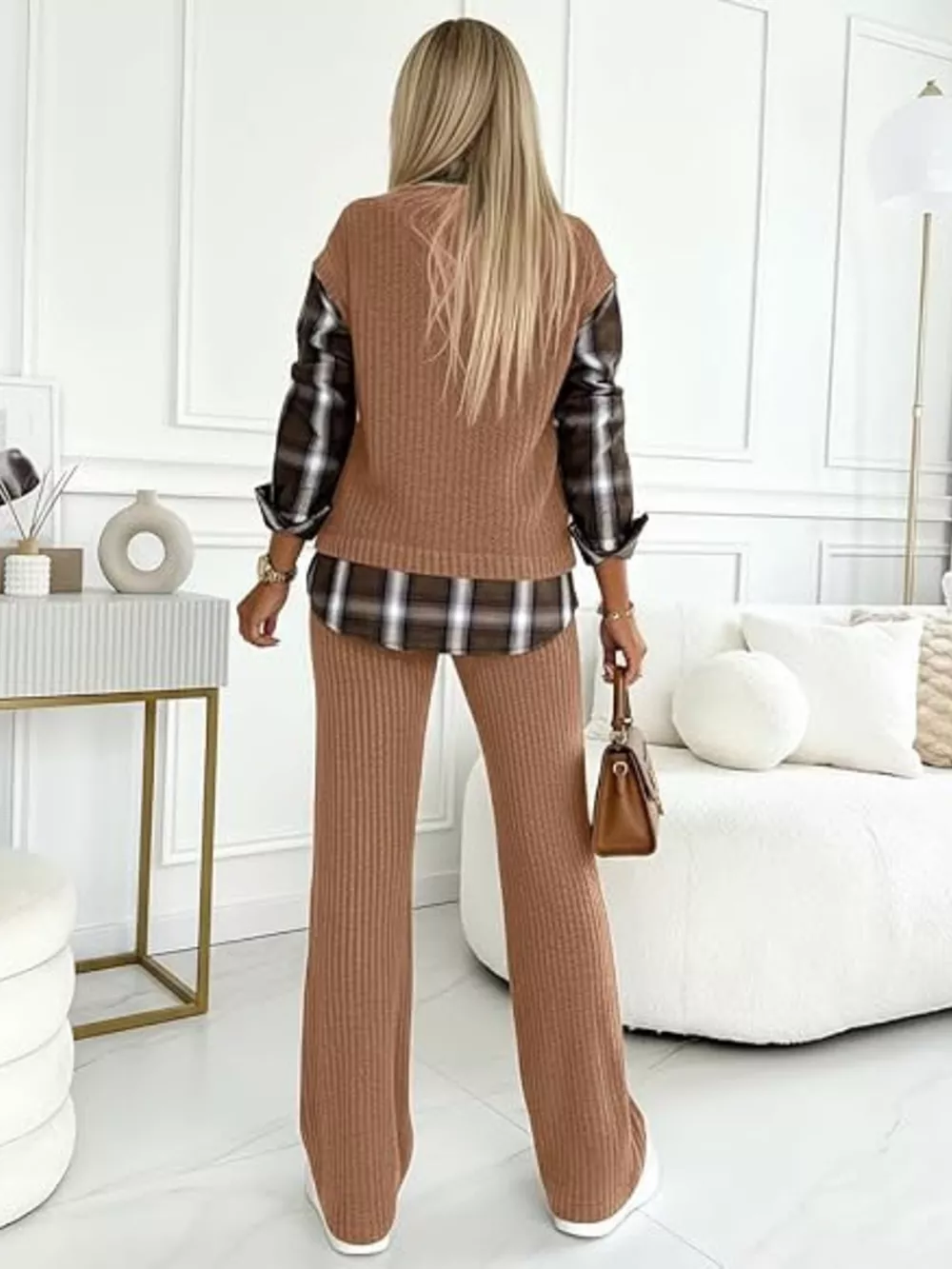 Ribbed Knit Plaid Sleeve Top & Pants Set, image 10