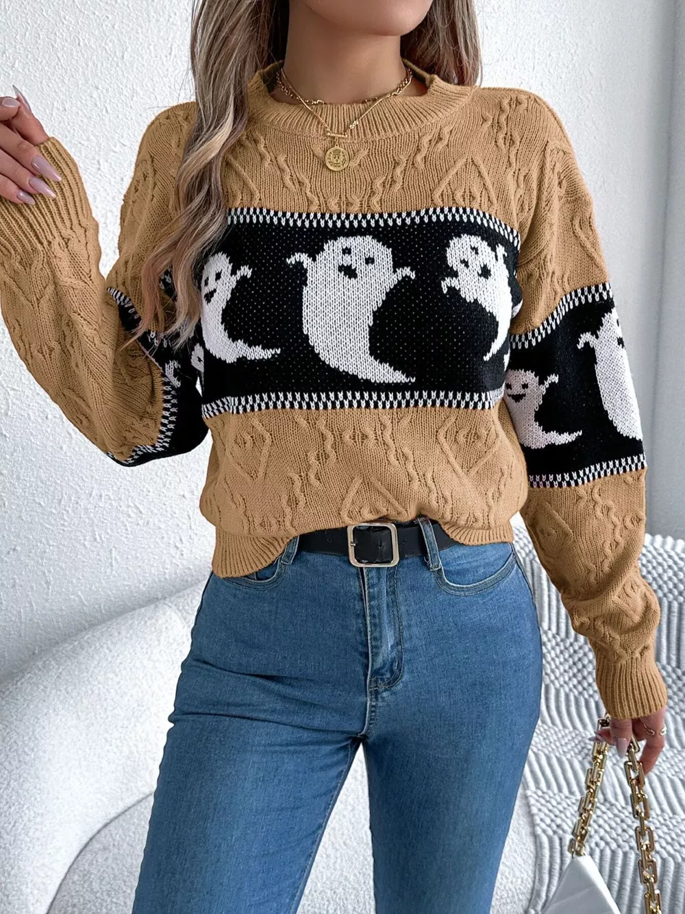 Halloween Ghost Pattern Textured Sweater, image 13