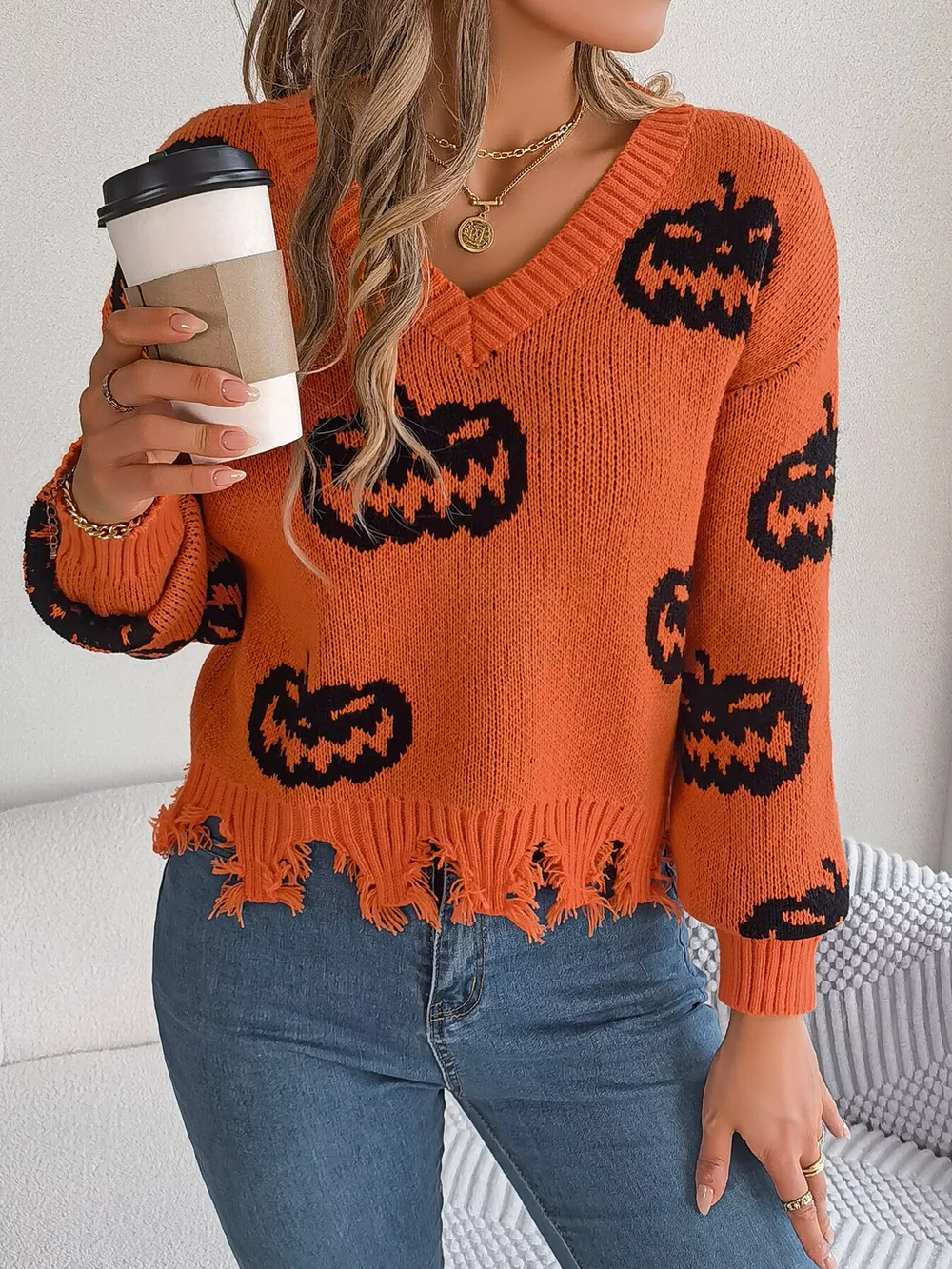 Pumpkin Distressed Hem Sweater, image 15