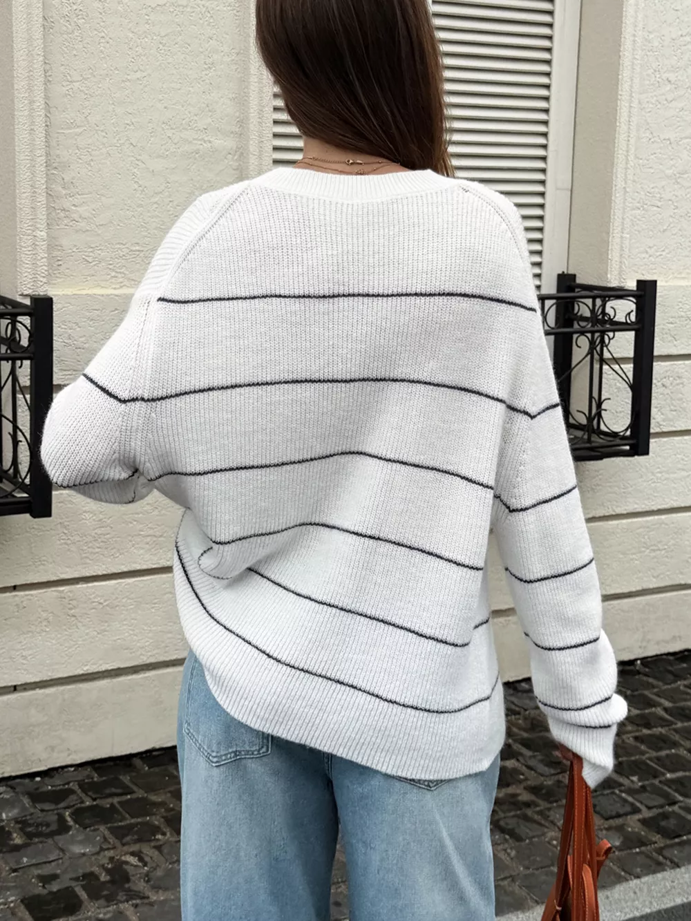 Striped Crew Neck Dropped Shoulder Sweater, image 4