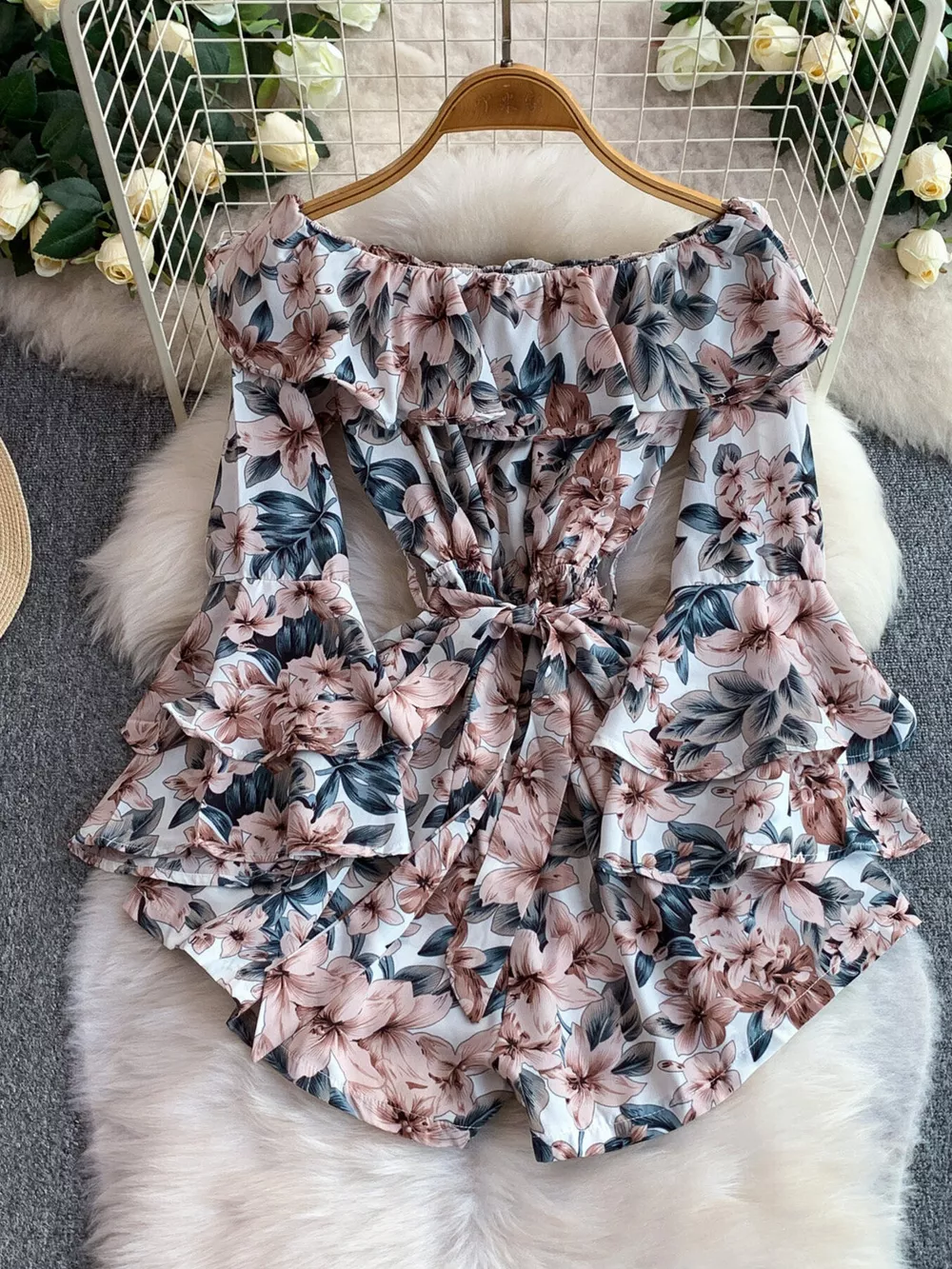 Off-Shoulder Flounce Sleeve Romper, image 14