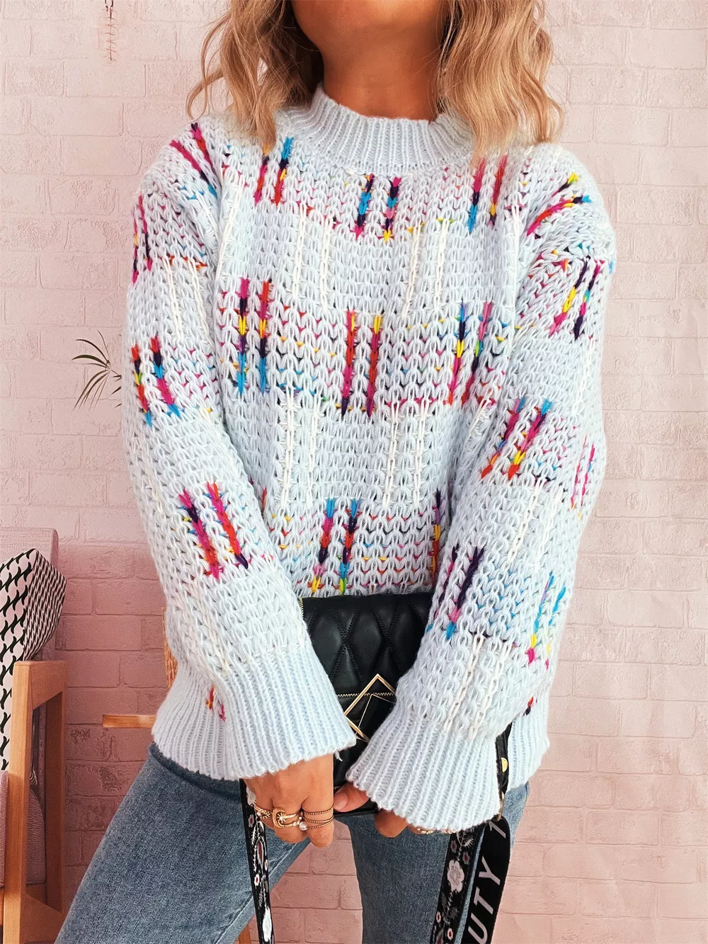 Colorful Round Neck Long Sleeve Sweater, image 9