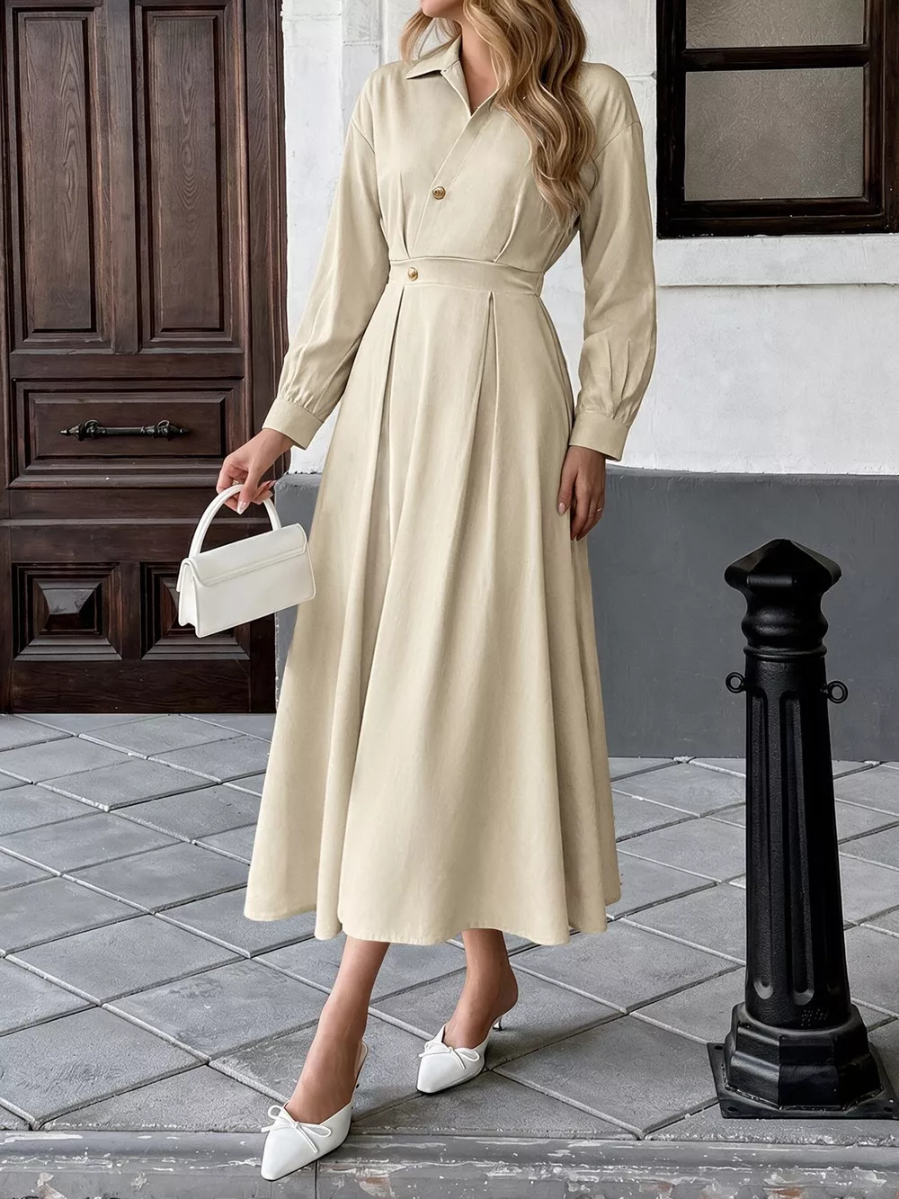 Pleated Button Detail Long Sleeve Shirt Dress