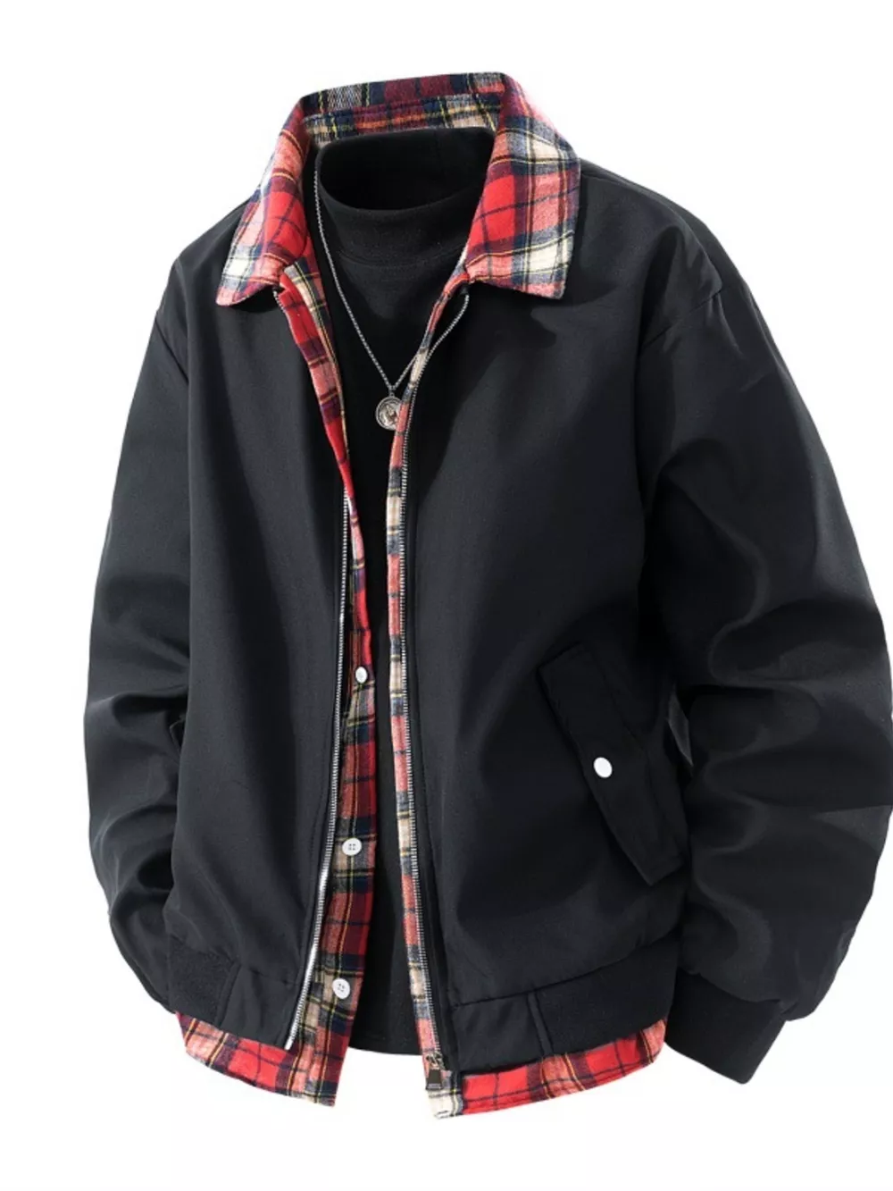 Men's Plus Size Plaid Trim Long Sleeve Jacket, image 4