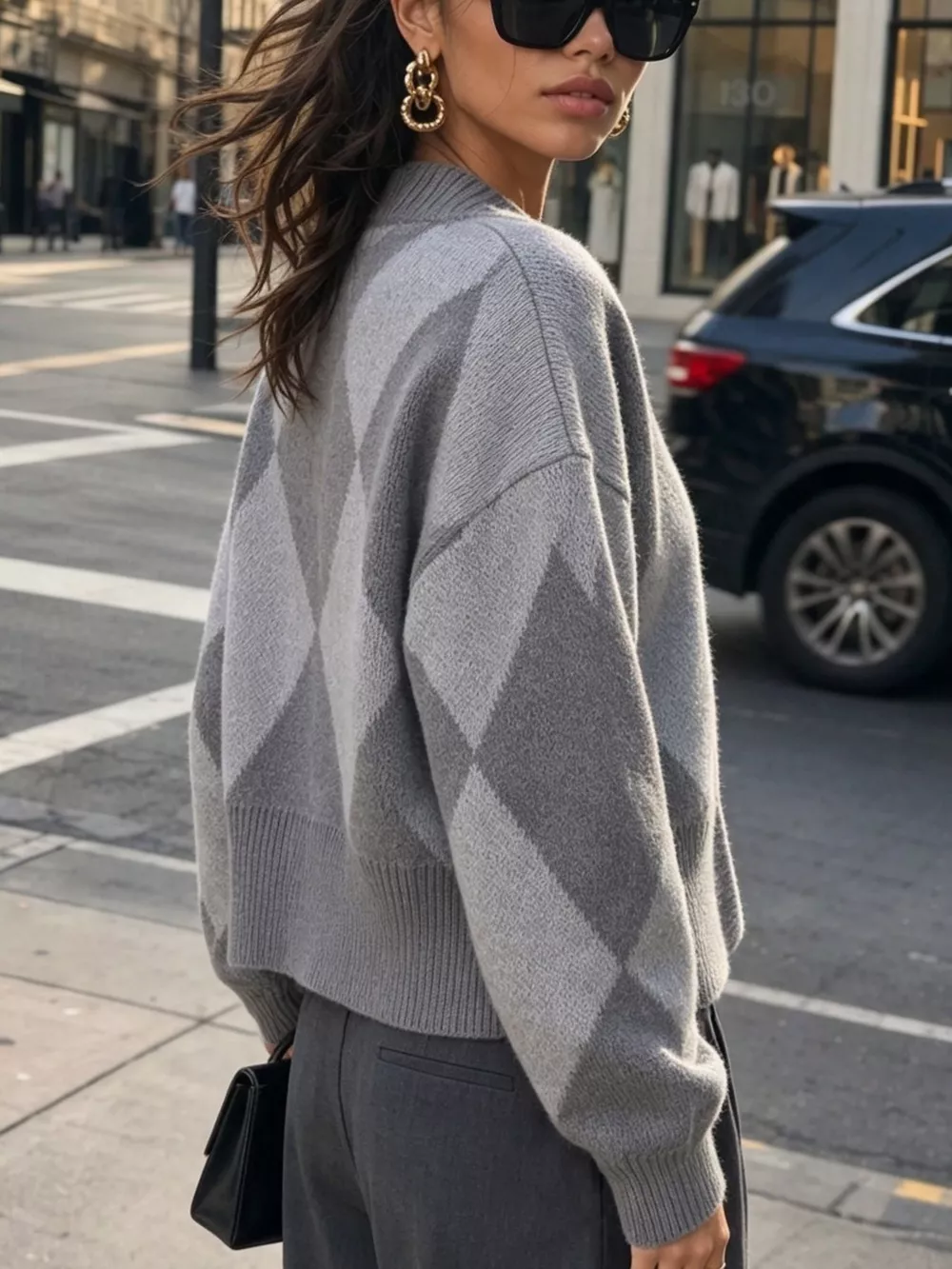 Argyle Pattern V-Neck Button-Down Cardigan, image 18