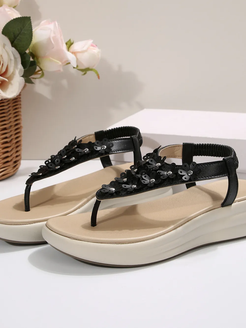 Studded T-Strap Wedge Sandals, image 2
