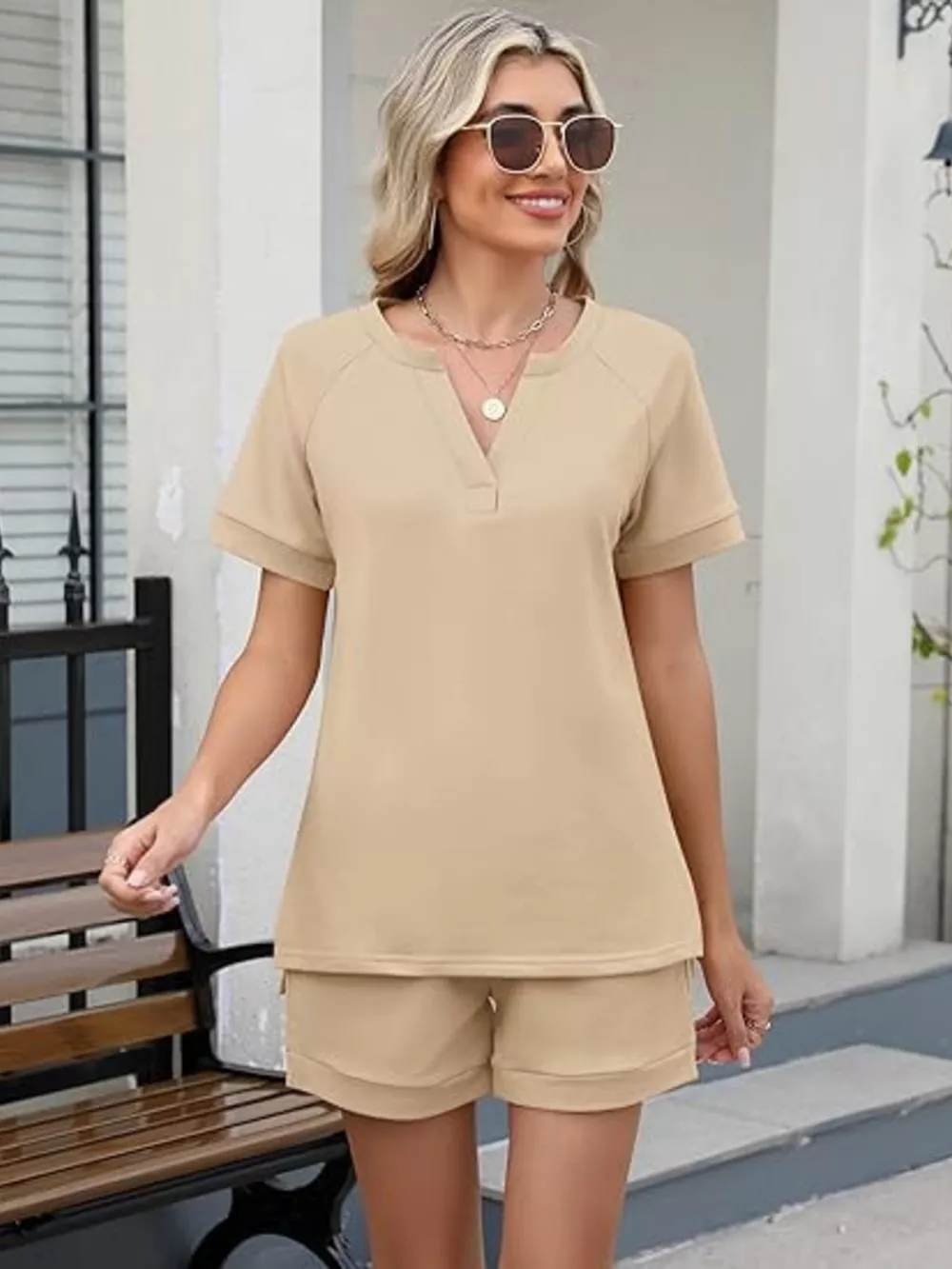 Solid Color Short Sleeve Top and Shorts Two-Piece Set, image 8