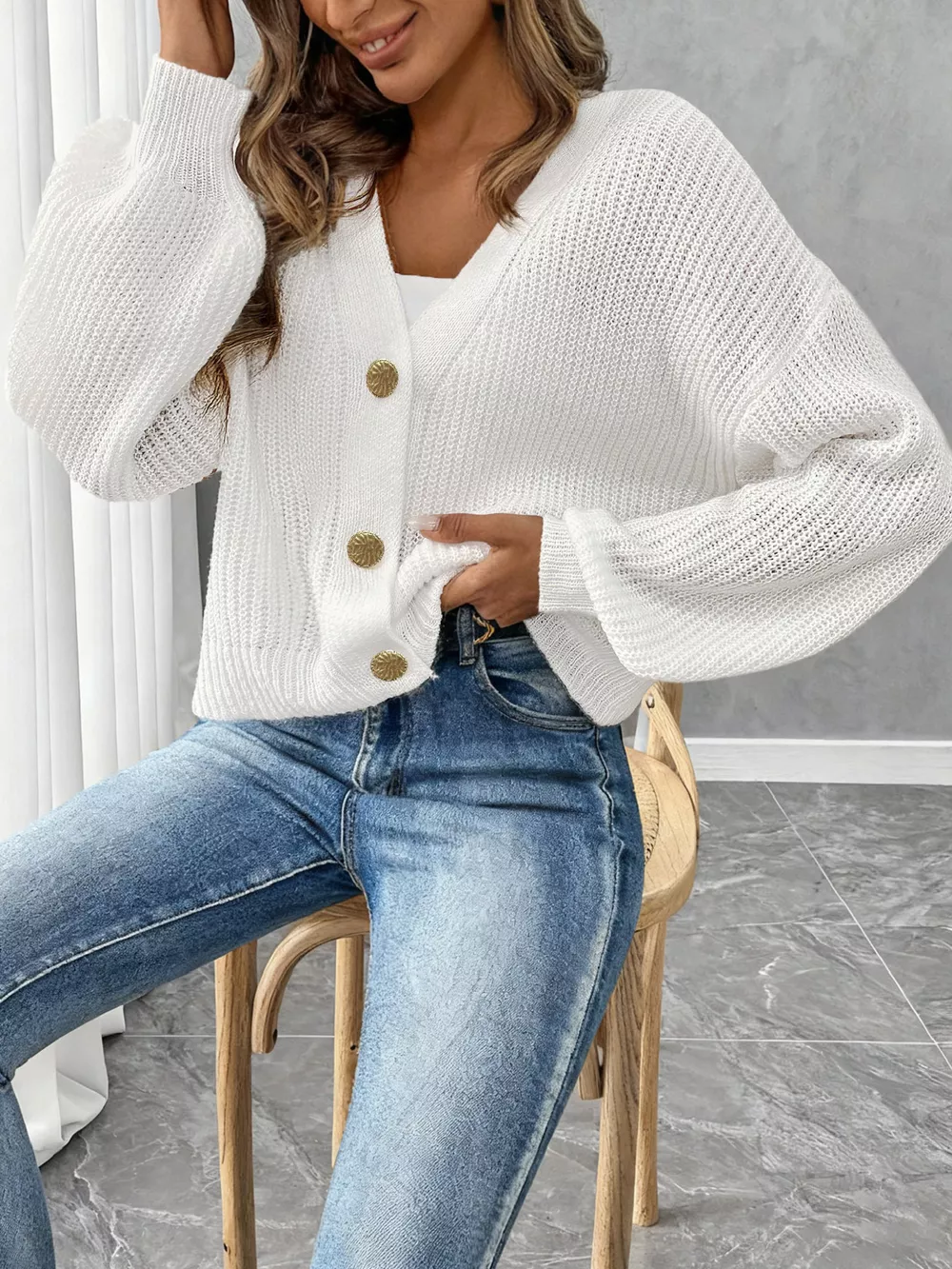 Elegant V-Neck Button-Down Ribbed Knit Cardigan, image 6