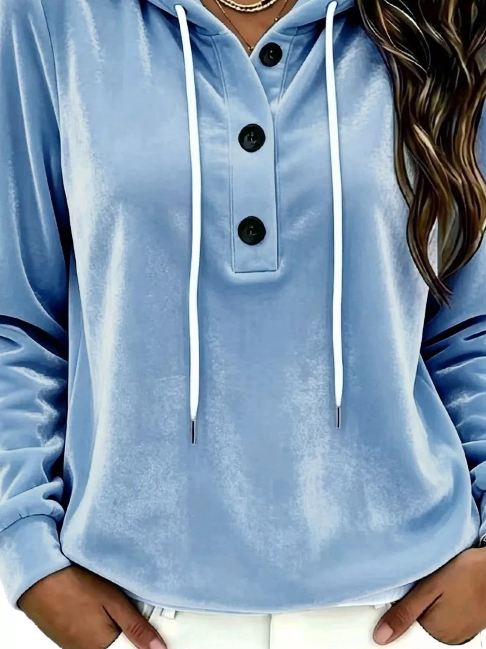 Full Size Drawstring Button Detail Hoodie Plus Size, image 2