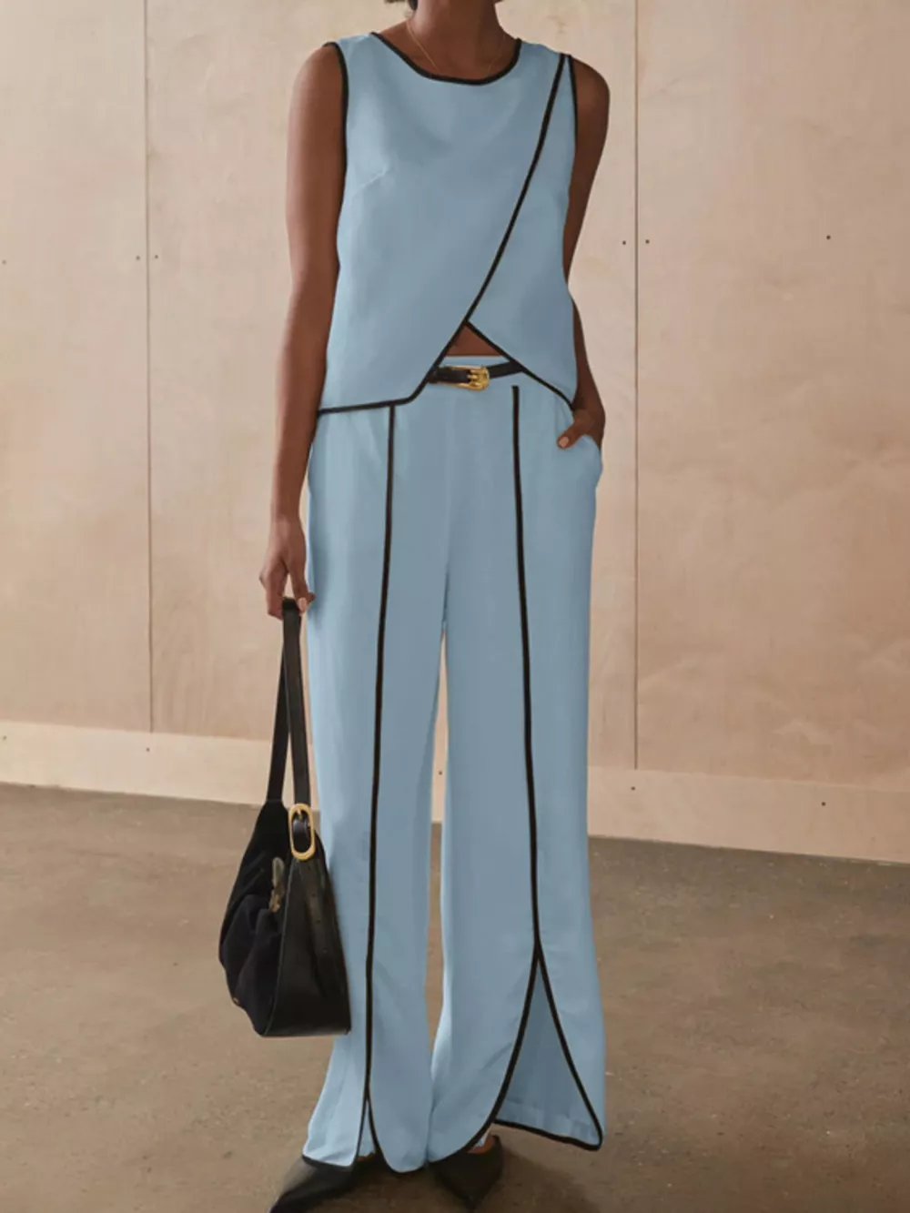 Contrast Trim Sleeveless Top and Wide-Leg Pants Set, image 12