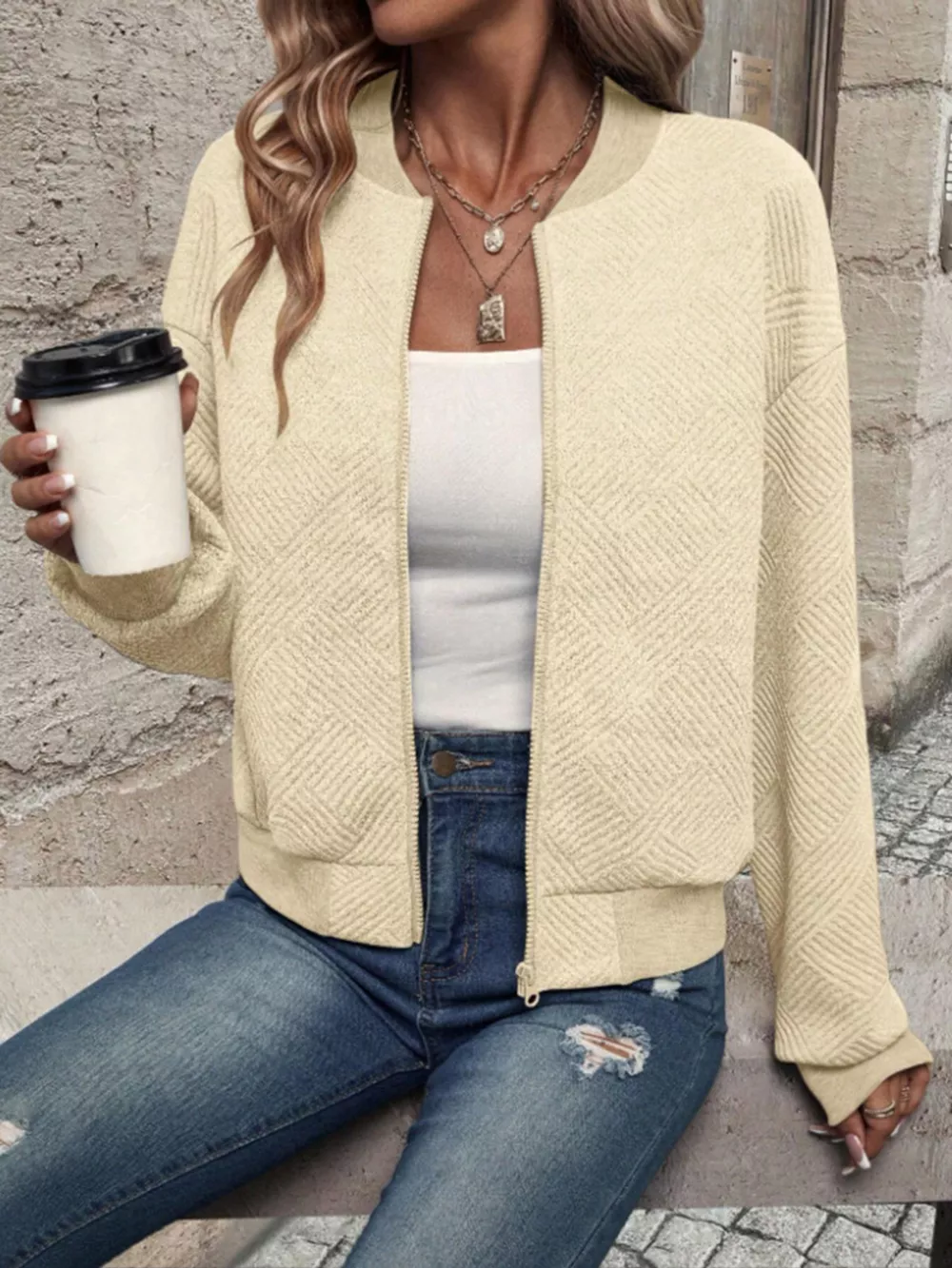 Textured Knit Zip-Up Bomber Jacket, image 7