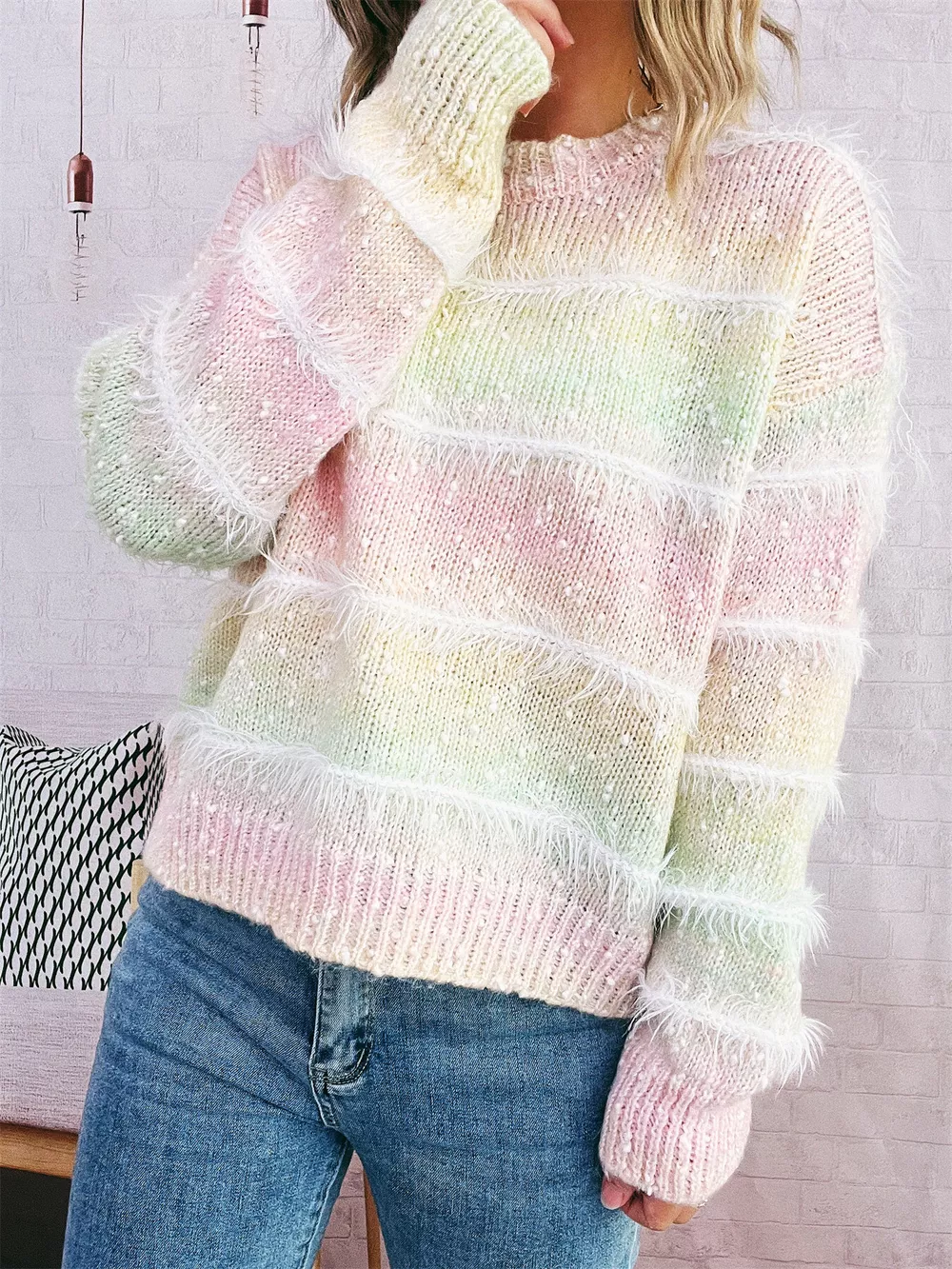 Gradient Striped Round Neck Sweater, image 15