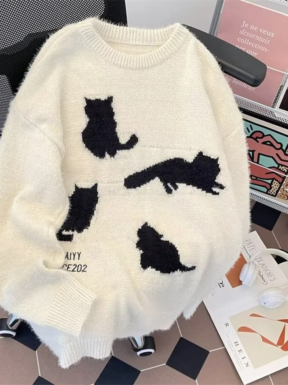 Men's Plus Size Cute Cat Pattern Knitted Pullover, image 4